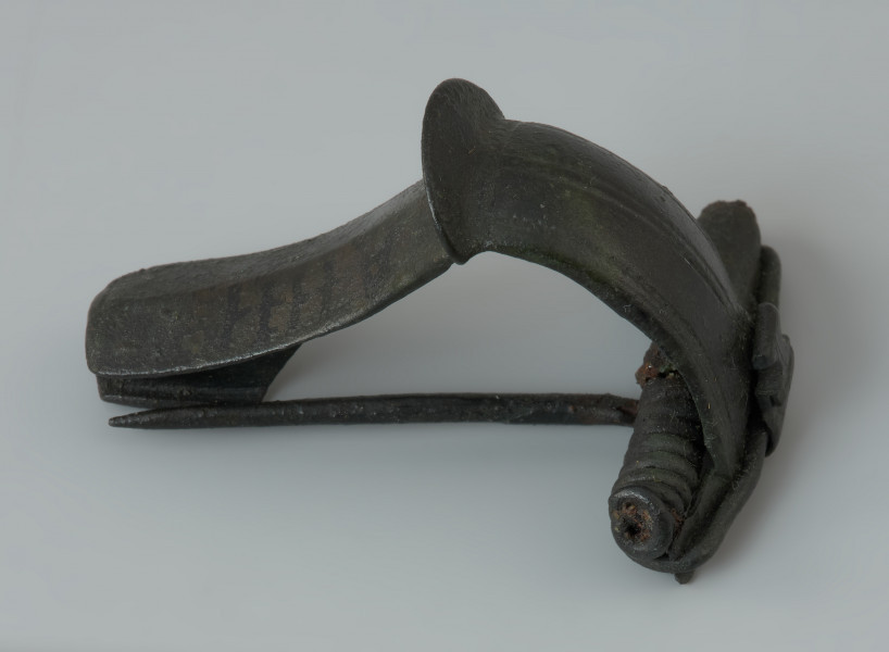 Zapinka z brązu - Ujęcie z boku. Zapinka z brązu z tzw. „kapturkiem” pokrywającym sprężynkę oraz grzebykiem na kabłąku.