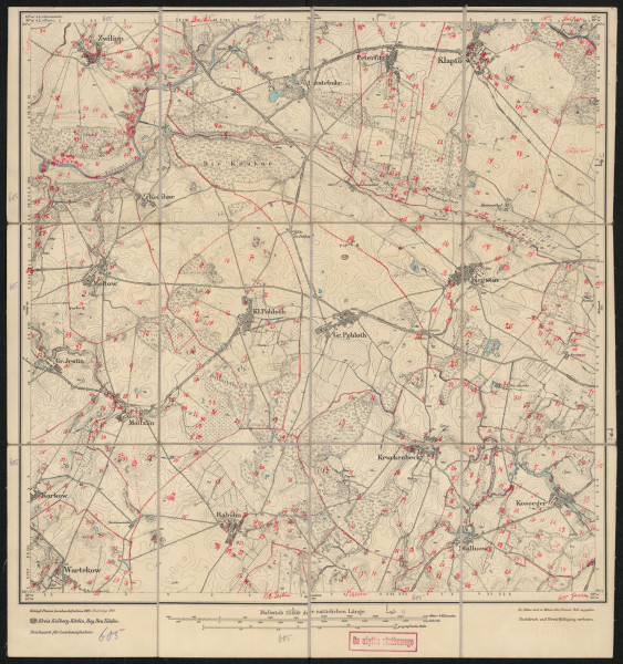 drukowana mapa 605 Kerstin I - Ujęcie z przodu; Mapę 605 Kerstin I wydano w 1889, a dodrukowano w 1919 roku. Obejmuje obszar w pobliżu miejscowości Kerstin, Kreis Kolberg-Körlin, Reg. Bez. Köslin, Prov. Pommern, dziś Karścino, pow. białogardzki, woj. zachodniopomorskie, Polska. Jest jedynym zachowanym egzemplarzem arkusza przedwojennej mapy topograficznej oznaczonego godłem 605, zawierającym dane o lokalizacji obiektów i ich nazw w zasobie archiwalnym Flurnamen Sammlung. Na drukowanej mapie ręcznie naniesiono warstwę z numeracją obiektów fizjograficznych odnoszących się do miejscowości: Zwilipp, dziś Świelubie; Lustebuhr, dziś Włościbórz; Peterfitz, dziś Piotrowice; Klaptow, dziś Kłopotowo; Leikow, dziś Łykowo; Lübchow, dziś Lubiechowo; Moltow, dziś Mołtowo; Gr. Jestin, dziś Gościno; Moitzlin, dziś Myślino; Kl. Pobloth, dziś Pobłocie Małe; Kerstin; Kowanz, dziś Kowańcz; Karkow, dziś Karkowo; Wartekow, dziś Wartkowo; Rabuhn, dziś Robuń; Kl. Jestin, dziś Gościnko; Karvin, dziś Karwin; Kruckenbeck, dziś Krukowo; Mallnow, dziś Malonowo; Koseeger, dziś Kozia Góra; Garchen, dziś Garnki.