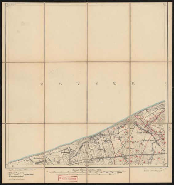 drukowana mapa 445 Lassehne I - Ujęcie z przodu; Mapę 445 Lassehne I opracowano w 1889, a dodrukowano w 1919 roku. Obejmuje obszar w pobliżu miejscowości Lassehne, Kreis Köslin, Reg. Bez. Köslin, Prov. Pommern, dziś Łasin, pow. koszaliński, woj. zachodniopomorskie, Polska. Jest jednym z dwóch zachowanych egzemplarzy arkusza przedwojennej mapy topograficznej oznaczonego godłem 445, zawierającym dane o lokalizacji obiektów i ich nazw w zasobie archiwalnym Flurnamen Sammlung. Na drukowanej mapie ręcznie naniesiono warstwę z numeracją obiektów fizjograficznych odnoszących się do miejscowości: Wendhagen, dziś Wieniatowo; Lassehne; Lappenhagen, dziś Łopienica.