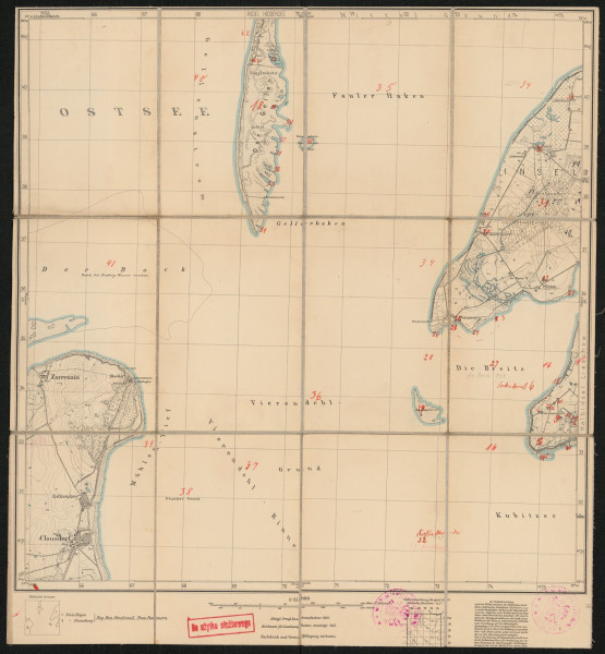 drukowana mapa 313 Clausdorf II - Ujęcie z przodu; Mapę 313 Clausdorf II opracowano w 1885, a skorygowano i wydano w 1925 roku. Obejmuje obszar w pobliżu miejscowości Clausdorf, Kreis Franzburg, Reg. Bez. Stralsund, Prov. Pommern, dziś Kreis Vorpommern-Rügen, Bundesland Mecklenburg-Vorpommern, Niemcy. Jest jedynym zachowanym egzemplarzem arkusza przedwojennej mapy topograficznej oznaczonego godłem 313, zawierającym dane o lokalizacji obiektów i ich nazw w zasobie archiwalnym Flurnamen Sammlung. Na drukowanej mapie ręcznie naniesiono warstwę z numeracją obiektów fizjograficznych odnoszących się do miejscowości: Insel Hiddensee, Ummanz, Lieschow.