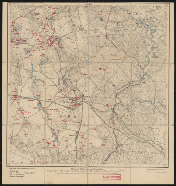 drukowana mapa 454 Alt Kolziglow I - Ujęcie z przodu; Mapę 454 Alt Kolziglow I opracowano w 1889, a dodrukowano w 1919 roku. Obejmuje obszar w pobliżu miejscowości Alt Kolziglow, Kreis Rummelsburg, Reg. Bez. Köslin, Prov. Pommern, dziś Kołczygłowy, pow. bytowski, woj. pomorskie, Polska. Jest jednym z trzech zachowanych egzemplarzy arkusza przedwojennej mapy topograficznej oznaczonego godłem 454, zawierającym dane o lokalizacji obiektów i ich nazw w zasobie archiwalnym Flurnamen Sammlung. Na drukowanej mapie ręcznie naniesiono warstwę z numeracją obiektów fizjograficznych odnoszących się do miejscowości: Darsekow, dziś Darżkowo; Versin, dziś Wierszyno; Neu Kolziglow, dziś Kołczygłówki; Alt Kolziglow; Poberow, dziś Poborowo; Reinfeld, dziś Barnowiec.