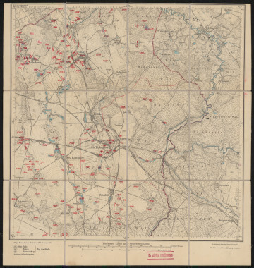 drukowana mapa 454 Alt Kolziglow I - Ujęcie z przodu; Mapę 454 Alt Kolziglow I opracowano w 1889, a dodrukowano w 1919 roku. Obejmuje obszar w pobliżu miejscowości Alt Kolziglow, Kreis Rummelsburg, Reg. Bez. Köslin, Prov. Pommern, dziś Kołczygłowy, pow. bytowski, woj. pomorskie, Polska. Jest jednym z trzech zachowanych egzemplarzy arkusza przedwojennej mapy topograficznej oznaczonego godłem 454, zawierającym dane o lokalizacji obiektów i ich nazw w zasobie archiwalnym Flurnamen Sammlung. Na drukowanej mapie ręcznie naniesiono warstwę z numeracją obiektów fizjograficznych odnoszących się do miejscowości: Darsekow, dziś Darżkowo; Versin, dziś Wierszyno; Neu Kolziglow, dziś Kołczygłówki; Alt Kolziglow; Poberow, dziś Poborowo; Reinfeld, dziś Barnowiec.