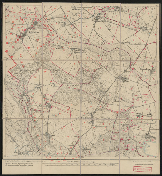 Mapa drukowana 858 Spantekow I - Ujęcie z przodu; Mapę 858 Spantekow I opracowano w 1883, wydano w 1885, a dodrukowano w 1911 roku. Obejmuje obszar w pobliżu miejscowości Spantekow, Kreis Anklam, Reg. Bez. Stettin, Prov. Pommern, dziś Kreis Vorpommern-Greifswald, Bundesland Mecklenburg-Vorpommern, Niemcy. Jest jedynym zachowanym egzemplarzem arkusza przedwojennej mapy topograficznej oznaczonego godłem 858, zawierającym dane o lokalizacji obiektów i ich nazw w zasobie archiwalnym Flurnamen Sammlung. Na drukowanej mapie ręcznie naniesiono warstwę z numeracją obiektów fizjograficznych odnoszących się do miejscowości: Spantekow, Strippow, Drewelow, Neuenkirchen, Alt Tetterin, Stretense, Bornthin, Rubenow, Sarnow, Boldekow, Wusseken, Glien, Zinzow, Putzar.