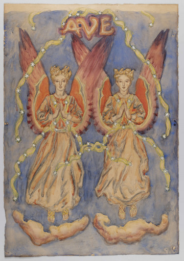 S/G/3648/ML - Scena figuralna przedstawiająca anioły.  W centrum kompozycji dwie całopostaciowo ujęte figury aniołów, en face. Unoszące się w powietrzu, na głowach  korony, z tyłu ramion dekoracyjne, duże skrzydła. Ubrane w długie, zwiewne suknie przewiązane gwiaździstymi szarfami. Ręce złożone w geście modlitwy. U stóp postaci obłoki. W górnej części kompozycji, nad skrzyżowanymi skrzydłami napis : AVE, z którego spływają dwie ozdobione gwiazdami girlandy. 

u dołu napis oł.: Anioły Józefa Mehoffera darowuje Jadwiga Józefowa Mehofferowa Antoniemu Zulińskiemu 26. III. 1947 r.