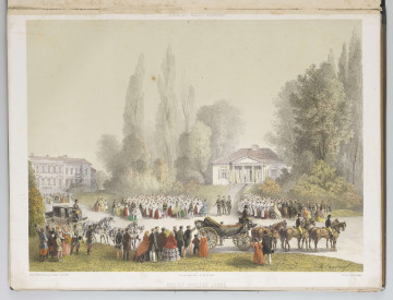 S/G/1509/ML - Scena rodzajowa z widokiem Domku Żółtego na tle parku Czartoryskich w Puławach przedstawiająca wizytę Aleksandra II.