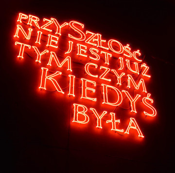 Ujęcie z przodu. Neon wykonany ze szklanych rurek świecących na czerwono układający się w zarys mapy Polski.