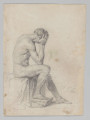 S/G/100/ML - Szkic aktu męskiego. Mężczyzna ukazany w pozycji siedzącej, w prawym profilu, z pochyloną, wspartą na zgiętej w łokciu ręce.
