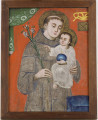 Obraz na płótnie przedstawiający Św. Antoniego z Dzieciątkiem, na czerwonym tle.