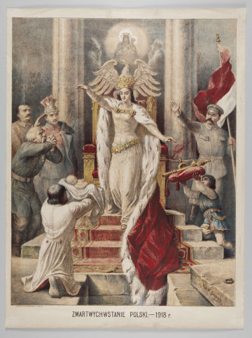 ML/H/723 - Postać młodej kobiety na schodach, na pierwszym planie otwarty grób. Ubrana w królewskie szaty, długi gronostajowy płaszcz, który spływa do grobu, na głowie korona. Przed nią klęczy mężczyzna i unosi na rękach niemowlę, nad którym kobieta wyciąga rękę. Po lewej stronie schodów trzech mężczyzn - to weterani walk o wolność. Po prawej Marszałek Piłsudski trzymający flagę Polski i przyklękający chłopiec, który unosi na poduszcze berło. Za kobietą tron zwieńczony wizerunkiem orzeł z rozpostartymi skrzydłami, za nim pomiędzy kolumnami wizerunek Matki Bożej Częstochowskiej, którą adorują patroni Polski - św. Stanisław i św. Wojciech. 