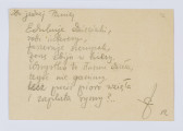Rękopis Józefa Czechowicza, tekst zapisany czarnym, grubo piszącym ołówkiem na odwrocie kartonika (wym. 10 x 15 cm), na którym po stronie recto znajduje się drukowany formularz zaproszenia na 