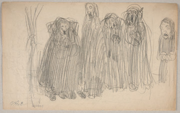 lico, Szkic wykonany ołówkiem. Przedstawia pięciu mężczyzn ubranych w luźne, sięgające ziemi szaty. Wszyscy stoją. Mają zdeformowane twarze budzące niepokój.
