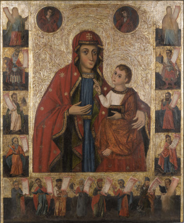 S/Mal/431/ML - Pole główne wypełnia półpostaciowe przedstawienie Matki Bożej w typie Hodegetrii. Maryja trzyma Dzieciątko na lewym ramieniu, prawą dłonią wskazuje na syna. Spogląda na wprost, z twarzą lekko zwróconą w stronę Jezusa; twarz ma pociągłą, poważną, lekko zaróżowioną. Ubrana jest w niebieską suknię ze złotymi lamówkami i czerwony maforion, również wykończony na złoto, zdobiony gwiazdkami, na czole oznaczony krzyżem równoramiennym. Jezus ma twarz przechyloną w stronę Maryi, wzrok skierowany na wprost, prawą dłoń wyciąga w geście błogosławieństwa, w lewej trzyma zamkniętą księgę. Ubrany jest w białą szatę spodnią z czerwonymi lamówkami i czerwony himation. Ponad głową Maryi, po bokach w medalionach przedstawieni są archaniołowie: po lewej Michał i po prawej Gabriel. Po bokach i poniżej w klejmach ukazani są prorocy, ze względu na zły stan zachowania ikony (m. in. ścięte naroża) nie wszyscy są rozpoznawalni.
Po lewej:
Jonasz (?) (ryba), Dawid (harfa), Mojżesz (krzew), (?)
Po prawej:
Melchizedek (kadzielnica), Salomon (świątynia), Izajasz(?) (węgle?), Daniel (?) (czapka)
Na dole:
(?), (?) (kwitnąca różdżka), Gedeon (runo), Habakuk (?) (góra), (?) (miecz) (?) (łańcuch), Aaron (kwitnące kwiaty), (?) (księga)
Tło zdobione tłoczonym ornamentem roślinnym, wokół głów Chrystusa i Maryi także tłoczone nimby.
