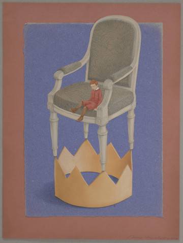 lico; Rysunek przedstawia króla Maciusia Pierwszego na tronie. Górna część oparcia wykracza poza niebieskie tło, na margines. Król Maciuś siedzi w czerwonej marynarce i czerwonych spodniach do sięgających do połowy nóg. Ma na sobie brązowe getry i brązowe buty do kostek. Tron jest o wiele za duży dla chłopca. Cztery nogi królewskiego krzesła stoją na czterech z ośmiu szczytów wielkiej korony.