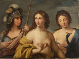 Na tle pochmurnego nieba trzy półpostacie kobiece: po lewej Atena (Minerwa) w ozdobnym hełmie z piórami, półpancerzu i jasnym płaszczu spiętym broszą na lewym ramieniu; w prawej ręce trzyma włócznię. pośrodku Afrodyta (Venus) naga, z przerzuconą przez prawe ramie złotawa draperią, w prawej dłoni trzyma złote jabłko. Po prawej Hera (Junona) naga, w narzuconym błkitnym płaszczu, trzyma przed soba pawia. Kobiety młode, ciała o jasnej karnacji, twarze owalne, włosy upięte, ciemnoblond ze złotawym refleksami. 