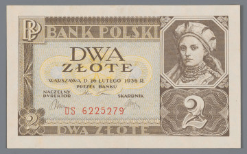 N/Bn/788/ML - Aw. Z prawej, w nieforemnym osmioboku, portret Dabrówki wg Jana Matejki. Niżej, na tle giloszowej ornamentyki, oznaczenie nominału - 2. Z lewej u góry w ramce: BANK POLSKI; niżej w polu: DWA / ZŁOTE / WARSZAWA D. 26 LUTEGO 1936 R. / PREZES BANKU / NACZELNY / DYREKTOR – SKARBNIK
Podpisy, odpowiednio: Adam Koc, Leon Barański, Stanisław Orczykowski
U dołu w ramce: DWA ZŁOTE
W lewym górnym rogu monogram: BP; w dolnym na tle ornamentu giloszowego wartość: 2
Seria i numer: DS 6225279