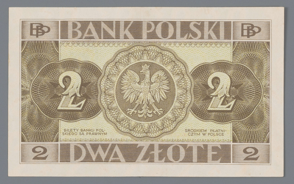 N/Bn/788/ML - Aw. Z prawej, w nieforemnym osmioboku, portret Dabrówki wg Jana Matejki. Niżej, na tle giloszowej ornamentyki, oznaczenie nominału - 2. Z lewej u góry w ramce: BANK POLSKI; niżej w polu: DWA / ZŁOTE / WARSZAWA D. 26 LUTEGO 1936 R. / PREZES BANKU / NACZELNY / DYREKTOR – SKARBNIK
Podpisy, odpowiednio: Adam Koc, Leon Barański, Stanisław Orczykowski
U dołu w ramce: DWA ZŁOTE
W lewym górnym rogu monogram: BP; w dolnym na tle ornamentu giloszowego wartość: 2
Seria i numer: DS 6225279