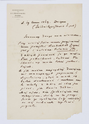 List Józefa Ignacego Kraszewskiego do Wincentego Pola z 01.06.1869 r. to rękopis dwustronny. Tekst pisany czarnym atramentem, mało czytelny. List kontynuowany jest na odwrocie kartki, w jednej trzeciej strony (4 wersy).