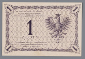 N/Bn/1276/ML - Aw. Ramka z rozetek, w rogach elipsy z ozdobnym oznaczeniem wartości: 1. W ozdobnym tondzie z lewej portret Tadeusza Kościuszki. Z lewej od góry napis: BANK POLSKI / JEDEN / ZŁOTY / WARSZAWA dn. 28 Lutego 1919 roku / DYREKCJA BANKU POLSKIEGO
Pierwszy człon napisu zakomponowany w łuku w ozdobnej ramce.
Podpisy: Stanisław Karpiński, Zygmunt Chamiec
U góry z lewej: S. 20 D; u dołu: 090,350

Rw. Ramka z rozetek rozdzielona w rogach ozdobnymi elipsami z oznaczeniem wartości: 1. W polu z lewej godło państwa polskiego; z prawej: 1 / ZŁOTY
Niżej sankcja: Podrabianie biletów i współdziałanie / w ich rozpowszechnianiu karane jest / ciężkim więzieniem
Wyżej formuła: NA MOCY UCHWAŁY SEJMOWEJ / BILETY BANKU POSLKIEGO / SĄ PRAWNYM ŚRODKIEM PŁATNICZYM / W POLSCE