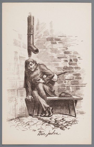 ML/H/1561/7 - Młody mężczyzna siedzi przygarbiony na ławce, oparty o mur. Ubrany w ciemny płaszcz z postawionym kołnierzem i spodnie. Pod pachą skrzypce i smyczek, prawą dłoń opiera o ławkę. Nogi skrzyżowane. Wyraz twarzy smutny, postawa pełna rezygnacji i przygnębienia. Ławka prosta, umiejscowiona w rogu muru, na ławce leżący niewielki przedmiot, może czapka. Nad głową mężczyzny rynna. Na murze lekko zarysowane cegły. Na pierwszym planie bruk, poniżej podpis: bez jutra.