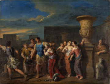 Na pierwszym planie młody mężczyzna w błękitnej rzymskiej zbroi z włócznią w prawej ręce, lewą obejmuje kobietę w czerwonej sukni. Spogląda na młodzieńca w zbroi z włócznią w ręce, który biegnąc w lewo ogląda się ku niemu. Obok drugi młodzieniec w żółtym kaftanie trzyma tarczę. Po prawej grupa kobiet w antykizowanych strojach (jedna z dzieckiem na ręku), skupionych obok wysokiego postumentu z rzeźbioną monumentalną wazą. Spoza postumentu wygląda mężczyzna w pomarańczowym płaszczu oparty o murek, przed którym stoi rzeźbione popiersie.  W tle szkocowo zaznaczona architektura, niebo intensywnie błękitne z obłokami.
Obraz sprawia wrażenie niedokończonego.