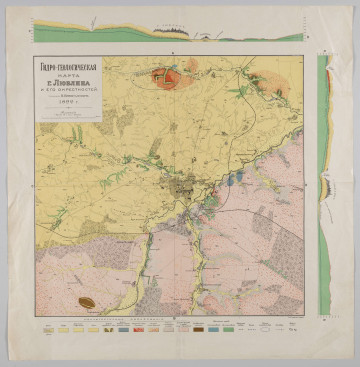 ML/H/1831 - Mapa kolorowa w formie kwadratu otoczona cienka, czarną ramką. Tytuł mapy w białym kwadratowym polu, legenda pod mapą w postaci kolorowych, prostokątnych kafelków z objaśnieniami. W polu górnego oraz prawego marginesu dwa przekroje pionowe przez tern miasta i okolic. 