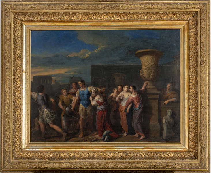 Na pierwszym planie młody mężczyzna w błękitnej rzymskiej zbroi z włócznią w prawej ręce, lewą obejmuje kobietę w czerwonej sukni. Spogląda na młodzieńca w zbroi z włócznią w ręce, który biegnąc w lewo ogląda się ku niemu. Obok drugi młodzieniec w żółtym kaftanie trzyma tarczę. Po prawej grupa kobiet w antykizowanych strojach (jedna z dzieckiem na ręku), skupionych obok wysokiego postumentu z rzeźbioną monumentalną wazą. Spoza postumentu wygląda mężczyzna w pomarańczowym płaszczu oparty o murek, przed którym stoi rzeźbione popiersie.  W tle szkocowo zaznaczona architektura, niebo intensywnie błękitne z obłokami.
Obraz sprawia wrażenie niedokończonego.