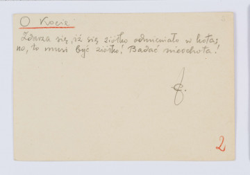 Rękopis Józefa Czechowicza, tekst zapisany czarnym ołówkiem na odwrocie kartonika (wym. 10 x 15 cm), na którym po stronie recto znajduje się drukowany formularz zaproszenia na 