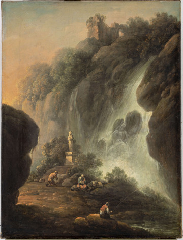 Skaliste wzgórze, na którym znajdują się ruiny zamku otoczonego drzewami; z prawej strony wzgórza spływa kaskadami wodospad. U stóp wodospadu figura na postumencie, nieco bliżej kobieta z dzieckiem na ręku i klęczący mężczyzna. Na pierwszym planie siedzący rybak z wędką, po  lewej stronie - skała.