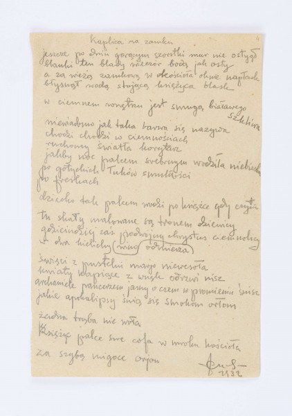 Józef Czechowicz, kaplica na zamku, 1932, rękopis,  k. 4 recto
Tekst zapisany odrecznie na arkuszu kremowego papieru. W prawym dolnym rogu podpis Józefa Czechowicza z charakterystycznym splotem liter 