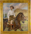 Portret chłopca siedzącego na koniu na tle górskiego pejzażu. Głowa chłopca zwrócona jest w lewo. Włosy prosto przycięcie na wysokości ucha. W prawej ręce, opuszczonej wdłuż ciała, trzyma szpicrutę. W lewej, zgiętej, trzyma lejce. Chłopiec ubrany jest w białą koszulę, krótkie brązowe spodenki, na nogach ma brązowe półbuty i wysokie skarpety. 
Po prawej stronie, na wysokości głowy konia, w tle, widoczne dwie grabiące chłopki. Z lewej strony, na tle drzew, scena układania zboża na wozie przez kobietę i mężczyznę.