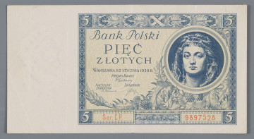 N/Bn/846/ML - Aw. W lewym marginesie znak wodny - wizerunek Zygmunta I Starego, w czepcu, w profilu w prawo. W giloszowej ramce zdobionej motywami roślinnymi i rozetami, w rogach kwadraty z cyfrą - 5. W polu lewym: Bank Polski / PIĘĆ / ZŁOTYCH / WARSZAWA D. 2 STYCZNIA 1930 R. / PREZES BANKU / NACZELNY DYREKTOR – SKARBNIK
odpowiednio podpisy: Władysław Wróblewski, Władysław Mieczkowski, Stanisław Orczykowski
W polu prawym tondo z tzw. piękną kasztelanką wg Jana Matejki
U dołu seria i numer: Ser. C P. – 9897528

Rw. W giloszowej ramce w rogach monogramy BP, po bokach kolumny z motywami ostów giloszowane z oznaczeniem nominału – 5. Centralnie u góry na osi poziomej godło państwowe. Niżej: Bank Polski / BILETY / BANKU POLSKIEGO / SĄ PRAWNYM ŚRODKIEM / PŁATNICZYM W POLSCE
U dołu w ramce: PIĘĆ . ZŁOTYCH
Prawy margines czysty.