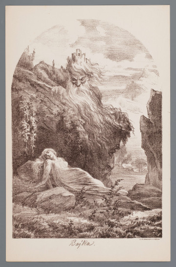 ML/H/1561/6 - Kompozycja w formie stojącego prostokąta zakończona górą łukiem pełnym. Na pierwszym planie pod urwiskiem skalnym leży młoda kobieta, lekko wsparta na prawej dłoni. Głowa przechylona, włosy długie, jasne, rozpuszczone. Ponad nią wysoka skała, z której szczytu wyłania się głowa i ramię starca. Siwa broda mężczyzny spływa na skałę, z rozwianych włosów na głowie wyrasta zamek. Mężczyzna patrzy na śpiącą kobietę. Na dalszym planie pomiędzy prześwitem skalnym widoczny pejzaż. Pod rysunkiem napis 