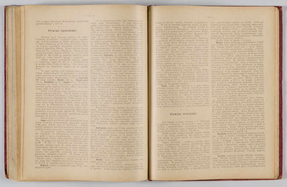 ML/H/650 - Okładka twarda, obklejona czerwonym płótnem, z wytłoczonym na złoto tytułem i ozdobami. Po lewej stronie popiersie kobiety bokiem, z wyciągniętą ręką trzymającą pędzel, poniżej kwiaty. W lewej części autor i tytuł, poniżej ozdobnik roślinny. Strona tytułowa przedstawia dwóch mężczyzn pochylonych nad mapą, w tle pejzaż wiejski z zamkiem na wzgórzu. Tytuł atlasu w wydzielonym, prostokątnym polu. Następna strona zawiera skorowidz i obiaśnienie znaków. Pierwsza z map to Mapa Ogólna Królestwa Polskiego z podziałem na gubernie i powiaty, następne to mapy powiatów. Na każdej stronie z mapą znajduja sie barwne grafiki z przedstawieniem zabytkowych budowli, typów ludowych, ruin, pejzaży. Do Atlasu dołączona luzem Mapa Guberni Lubelskiej, granice powiatu i wypełnienie błekitne.