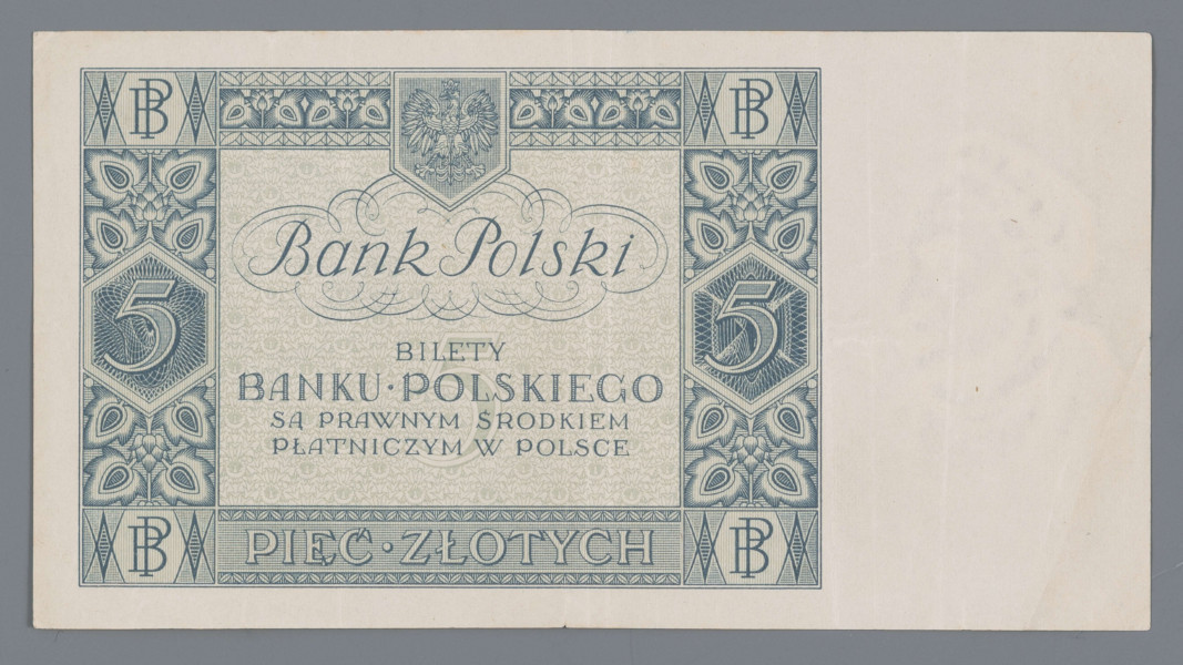N/Bn/846/ML - Aw. W lewym marginesie znak wodny - wizerunek Zygmunta I Starego, w czepcu, w profilu w prawo. W giloszowej ramce zdobionej motywami roślinnymi i rozetami, w rogach kwadraty z cyfrą - 5. W polu lewym: Bank Polski / PIĘĆ / ZŁOTYCH / WARSZAWA D. 2 STYCZNIA 1930 R. / PREZES BANKU / NACZELNY DYREKTOR – SKARBNIK
odpowiednio podpisy: Władysław Wróblewski, Władysław Mieczkowski, Stanisław Orczykowski
W polu prawym tondo z tzw. piękną kasztelanką wg Jana Matejki
U dołu seria i numer: Ser. C P. – 9897528

Rw. W giloszowej ramce w rogach monogramy BP, po bokach kolumny z motywami ostów giloszowane z oznaczeniem nominału – 5. Centralnie u góry na osi poziomej godło państwowe. Niżej: Bank Polski / BILETY / BANKU POLSKIEGO / SĄ PRAWNYM ŚRODKIEM / PŁATNICZYM W POLSCE
U dołu w ramce: PIĘĆ . ZŁOTYCH
Prawy margines czysty.