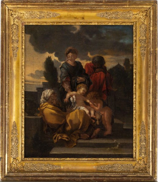 Scena figuralna w pejzażu. Na kamiennych schodach Madonna w błękitnej sukni prawą ręką podtrzymuje siedzące poniżej Dzieciątko. Obok Marii stoi pochylony święty Józef w czerwonym płaszczu, oparty oburącz na lasce. Dzieciątko zwraca się ku stojącemu po prawej świetemu Janowi (mały chłopiec), który całuje je w rękę. Z przodu po lewej stronie siedzi widoczna z boku święta Anna w żółtym płaszczu i białej chuście. W tle szkicowo zaznaczony pejzaż z architekturą. Niebo jasne z ciemnostalowymi chmurami.