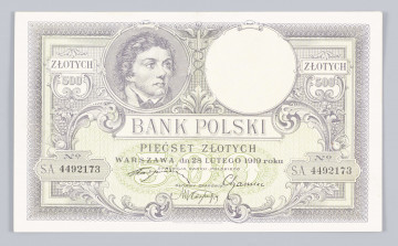 Aw. W giloszowej ramce u góry dwa ozdobne tonda rozdzielone kaduceuszem. W lewym wizerunek Tadeusza Kościuszki, w prawym znak wodny z przedstawieniem wodza z profilu. Po ich bokach na osi: ZŁOTYCH / 500 – ZŁOTYCH / 500
Niżej: BANK POSLKI / PIĘĆSET ZŁOTYCH / WARSZAWA dn 28 LUTEGO 1919 roku / DYREKCJA BANKU POLSKIEGO / GŁÓWNY SKARBNIK
Podpisy, odpowiednio: Stanisław Karpiński / Zygmunt Chamiec / Marian Karpus
U dołu po bokach powtórzona numeracja: No. / S.A. 4492173
Pod ramką u dołu sygnatura wytwórni.

Rw. W giloszowej ramce dekoracja z motywami akantu i roślinnych płodów. U góry dwa tonda; w lewym znak wodny z wizerunkiem Tadeusza Kościuszki z profilu, w prawym godło państwa polskiego. Niżej w łuku klauzula: NA MOCY UCHWAŁY SEJMOWEJ BILETY BANKU / POLSKIEGO SĄ PRAWNYM ŚRODKIEM PŁATNICZYM / W POLSCE
oraz poziomo sankcja karna: PODRABIANIE BILETÓW I WSPÓŁDZIAŁANIE W / ICH ROZPOWSZECHNIANIU KARANE JEST / CIĘŻKIM WIĘZIENIEM
Pomiędzy formułami wartość 500, powtórzona dwukrotnie na osi po bokach oraz słownie na w ramce na dole.
W lewym dolnym rogu odręcznie długopisem nadpisany numer księgi wpływu: Ew.1394


