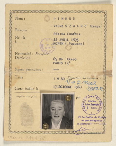 Dowód osobisty Giny Szwarc wydany 17 października 1960 roku przez Prefekturę Republiki Francuskiej w Paryżu. Dokument ze zdjęciem.