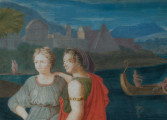 Fragment lica obrazu. Zbliżenie na dwie kobiety w ujęciu do pasa, zapatrzone w lewą stronę kompozycji. Za nimi fragment rzeki, zarośnięty brzeg i fragment miejskich budowli antycznych. W tle zarys błękitnego wzgórza.
