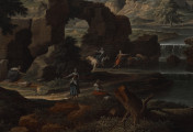fragment lica obrazu. Po prawej rzeka spadająca kaskadami, po lewej skalne groty i porośnięty krzewami łuk skalny. Nad brzegiem rzeki grupy postaci w strojach arkadyjskich: 3 kobiety zajęte praniem, dwie osoby pilnujące bydła.
