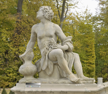 Ujęcie od strony pierwszej. Kolor rzeźby beżowy. Postać mężczyzny siedzącego na pniu. Tułów skierowany w stronę widza. Głowa skierowana w lewo i w górę. Jego prawa noga wysunięta jest do przodu, lewa w prawą stronę. Postać naga. Skóra zwierzęcia owija jego lewe ramię oraz wisi luźno na udach. W lewej ręce, opartej o nogi, trzyma kiść winogron. Prawa ręka spoczywa na uchu od szerokiego dzbana stojącego na ziemi po lewej stronie. Włosy krótkie, ozdobione winoroślami i winogronami. W tle drzewa parkowe.