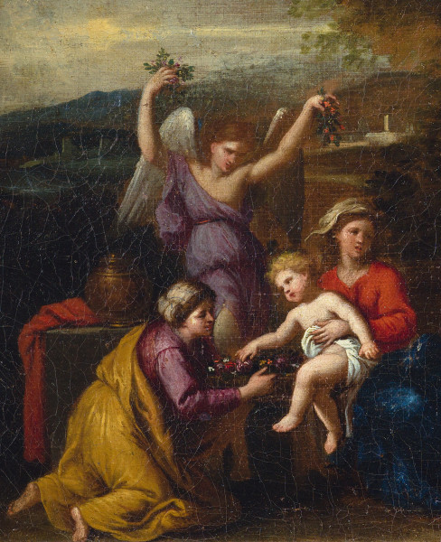 Fragment lica obrazu. Po lewej klęcząca kobieta wyciągająca ręce do dziecka trzymanego przed siedzącą kobietę po prawej. Za nimi anioł z uniesionymi rękami, trzymający bukiety kwiatów. W tle widoczny odległy krajobraz górski.
