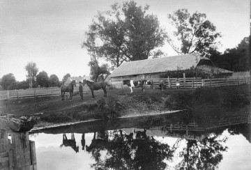 Fotografia plenerowa czarno-biała przedstawia zabudowania wiejskie. Na pierwszym planie zbiornik wodny, dalej przy brzegu dwie postacie oraz konie i krowy. W tle drewniany płot i zabudowania oraz wysokie drzewa. 