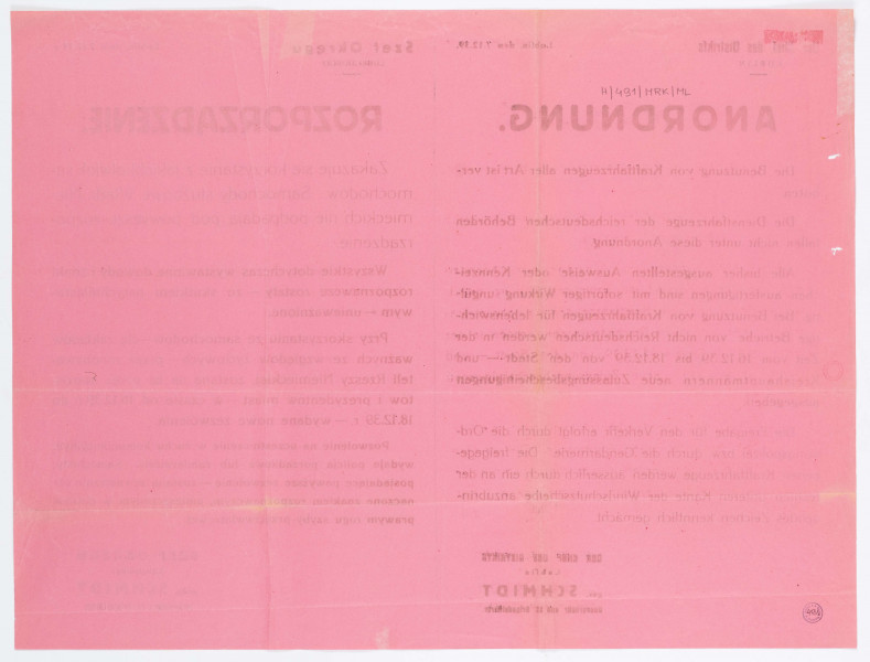 H/491/MRK/ML - Rozrządzenie w sprawie zakazu korzystania z jakichkolwiek samochodów. Wydane przez Szefa Okręgu Lubelskiego Gubernatora Schmidta. Afisz drukowany na różowym papierze. Tekst dwujęzyczny (po niemiecku i po polsku).