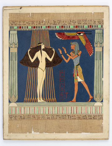 Ilustracja przedstawia wnętrze świątyni bogini Astarte, w którym znajdują się dwie postacie. Po prawej stronie młody faraon Ramzes XIII, a po lewej naga kapłanka. 