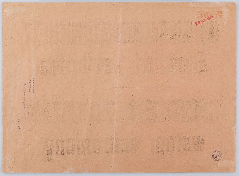 H/569/MRK/ML - Kartka z zakazem wstępu ze względu na chorobę zakaźną. Ogłoszenie drukowane na pomarańczowym papierze, dwujęzyczne (po niemiecku i po polsku) z napisem 