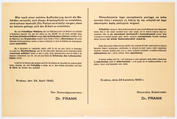 H/527/MRK/ML - Zarządzenie o poborze na roboty do Niemiec. Afisz drukowany na żołtym papierze. Tekst dwujęzyczny (po niemiecku i po polsku). Zarządzenie wydane przez generalnego gubernatora H. Franka.