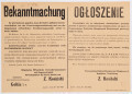 H/485/MRK/ML - Ogłoszenie o podtrzymaniu mocy przepisów dotyczących przymusowego ubezpieczenia od ognia i o Powszechnym Zakładzie Ubezpieczeń Wzajemnych. Afisz drukowany na beżowym papierze. Ogłoszenie dwujęzyczne (po niemiecku i po polsku), mówiące o obowiązku ubezpieczania obiektów i karach za uchylanie się od tego oraz o wypłacie odszkodowań przez Powszechny Zakład Ubezpieczeń Wzajemnych. Podpisane przez Inspektora Powiatowego (powiat Janów Lub.) Powszechnego Zakładu Ubezpieczeń Wzajemnych Z. Kosińskiego.