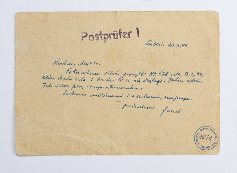 Karta pocztowa wysłana przez więźnia obozu KL Lublin Zenona Waśniewksiego, karta zaadresowana do żony Michaliny Waśniewkiej zamieszkałej w Chełmie.