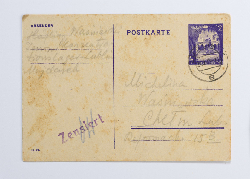 Kartka pocztowa wysłana przez Zenona Waśniewskiego więźnia obozu KL Lublin do żony Michaliny Waśniewkiej.