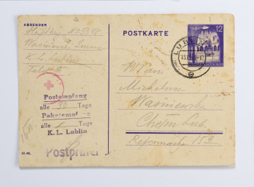 Karta pocztowa wysłana przez więźnia obozu KL Lublin do żony Michaliny zamieszkałej w Chełmie.